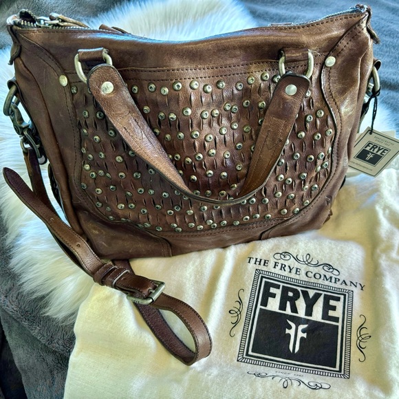 FRYE Diana Chocolate/Charcoal Stud Satchel Handbag NWT